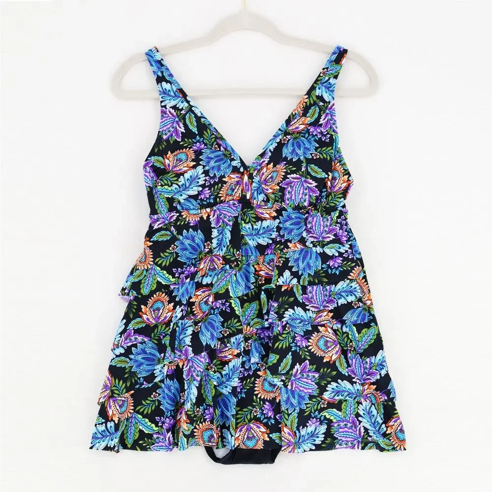 Swim Solutions Women Floral Boho V-Neck Tummy Control Tiered Swimdress Size US 8 - Picture 2 of 6